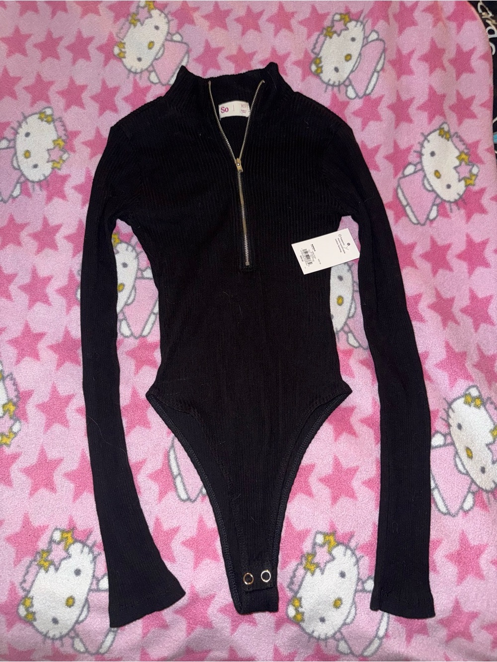 SO Black Ribbed Long Sleeve Zip Bodysuit